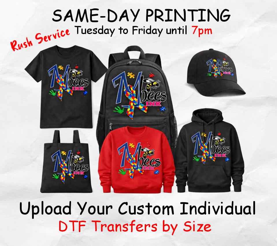 Custom DTF Transfers by size - Same Day Service